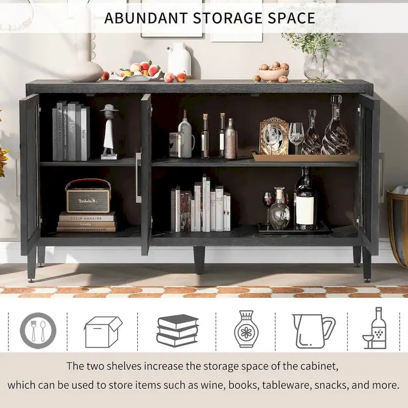 34 Inch Tall 3-Door Accent Cabinet with Glass Doors and Adjustable Shelf