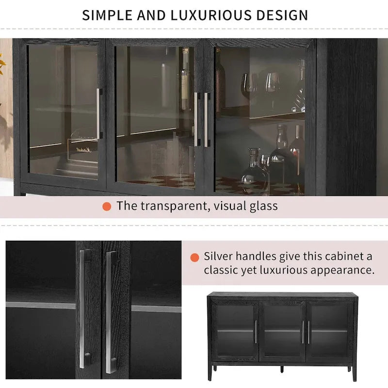 34 Inch Tall 3-Door Accent Cabinet with Glass Doors and Adjustable Shelf