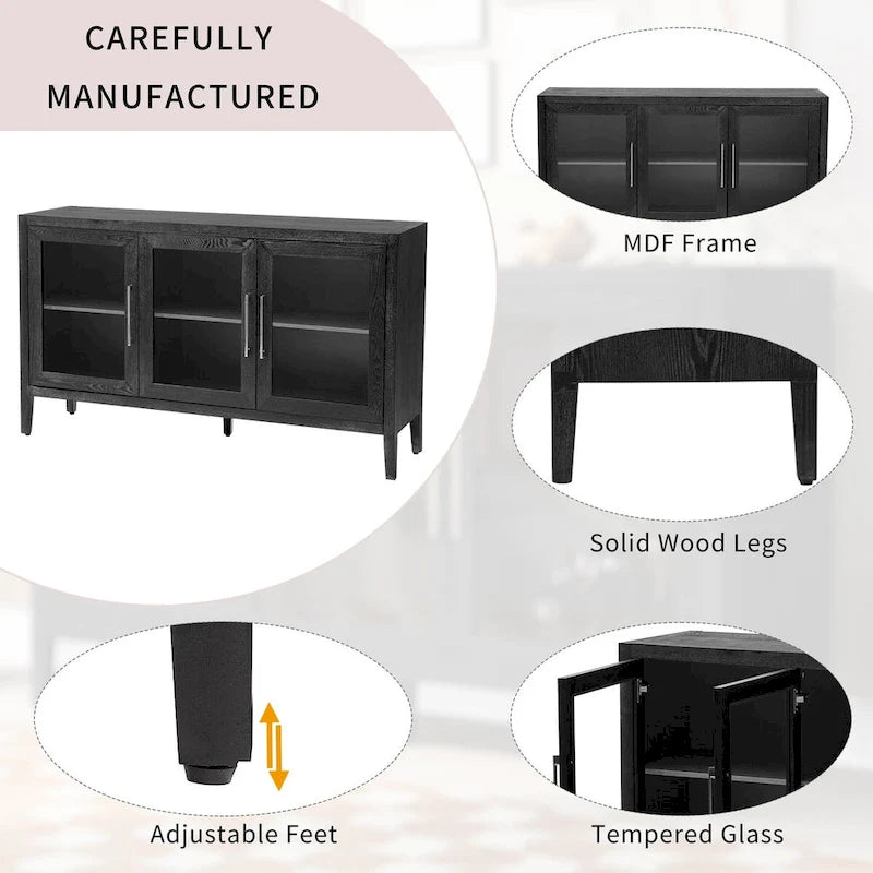 34 Inch Tall 3-Door Accent Cabinet with Glass Doors and Adjustable Shelf