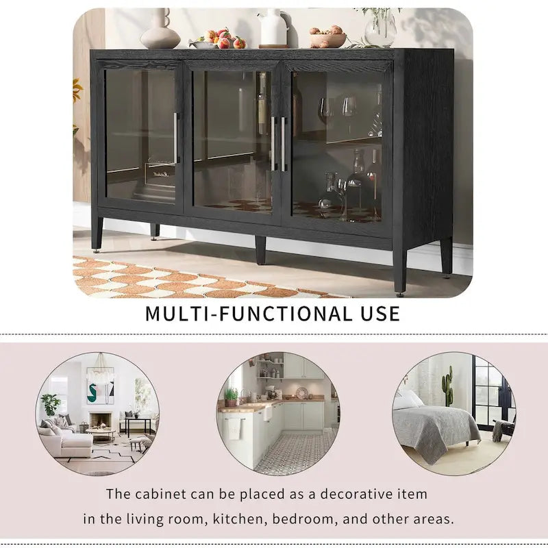 34 Inch Tall 3-Door Accent Cabinet with Glass Doors and Adjustable Shelf