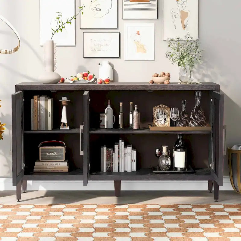 34 Inch Tall 3-Door Accent Cabinet with Glass Doors and Adjustable Shelf