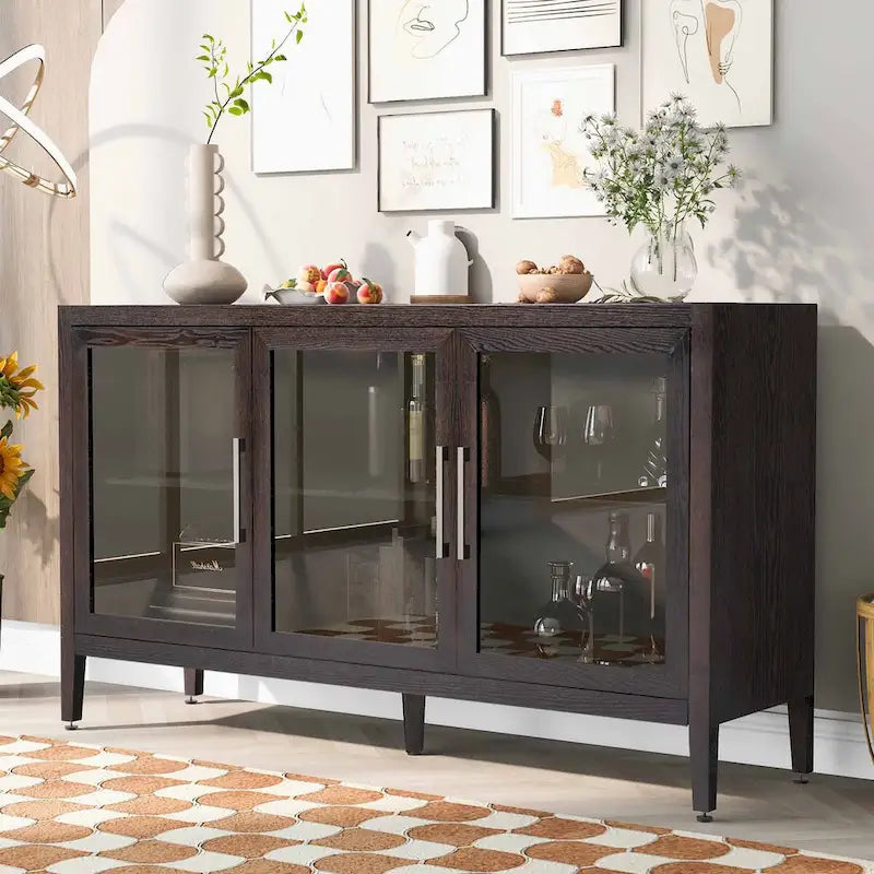 34 Inch Tall 3-Door Accent Cabinet with Glass Doors and Adjustable Shelf