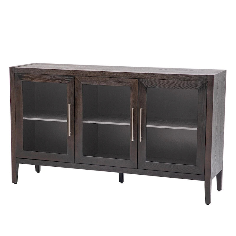 34 Inch Tall 3-Door Accent Cabinet with Glass Doors and Adjustable Shelf