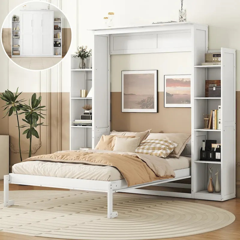 Queen/Full Size Fold-Away Murphy Wall Bed with Side Shelves