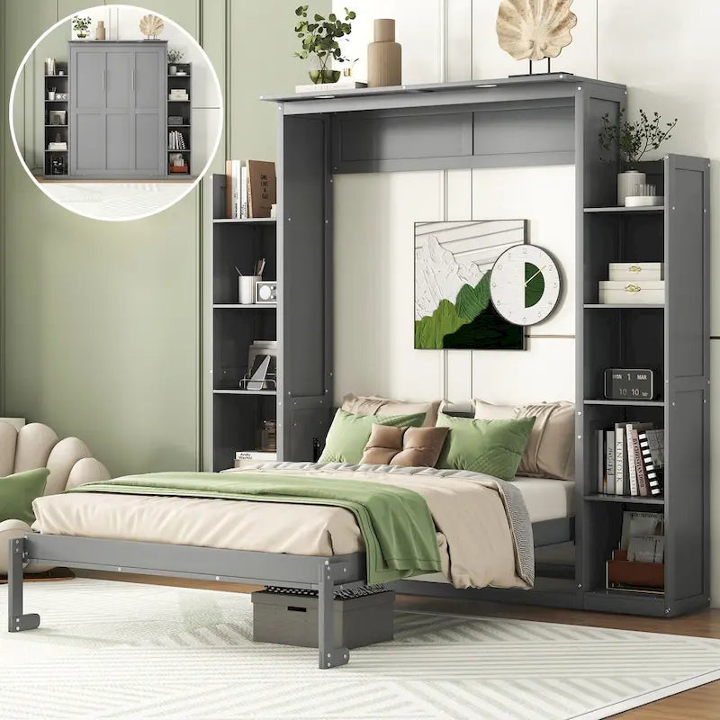 Queen/Full Size Fold-Away Murphy Wall Bed with Side Shelves