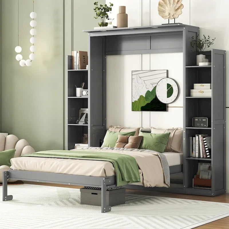 Queen/Full Size Fold-Away Murphy Wall Bed with Side Shelves