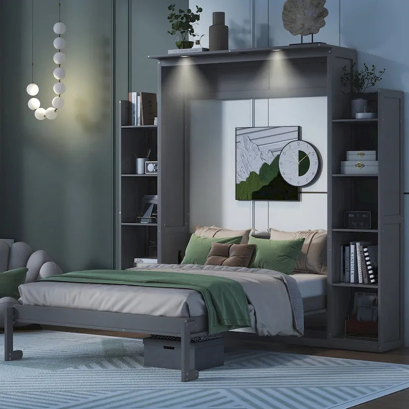 Queen/Full Size Fold-Away Murphy Wall Bed with Side Shelves