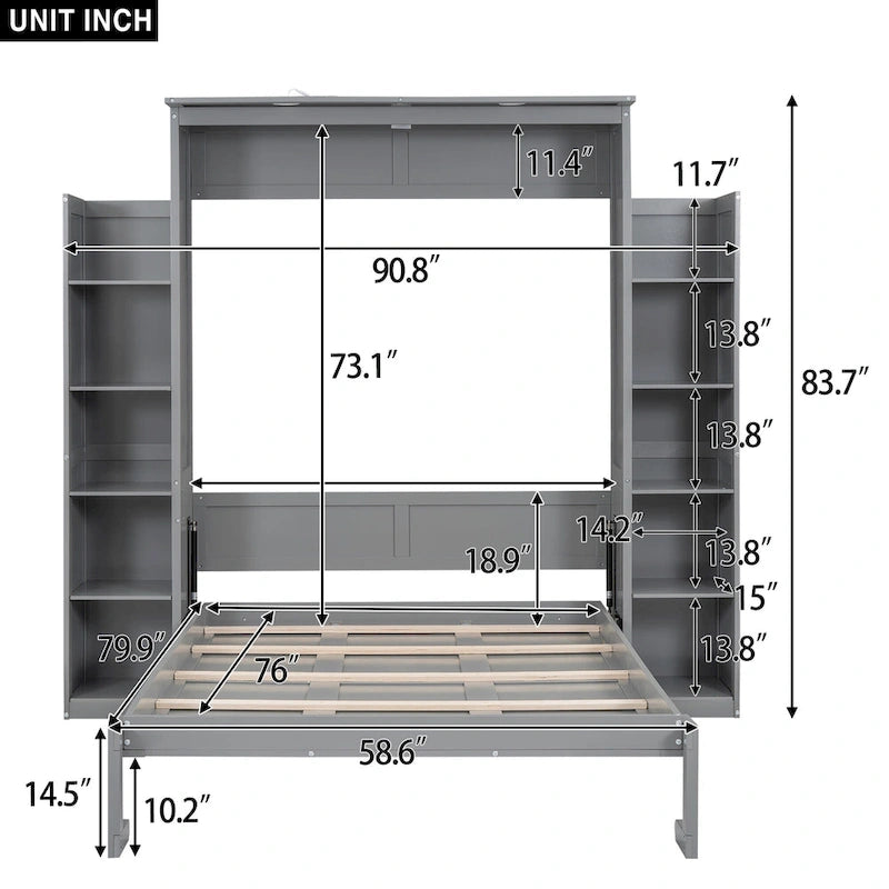Queen/Full Size Fold-Away Murphy Wall Bed with Side Shelves