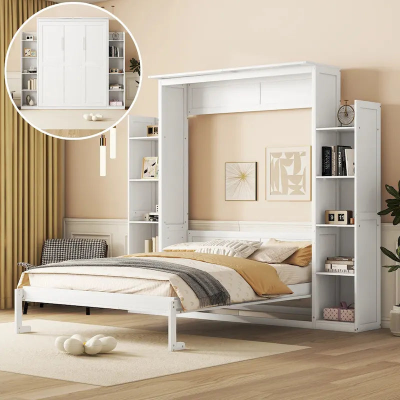 Queen/Full Size Fold-Away Murphy Wall Bed with Side Shelves