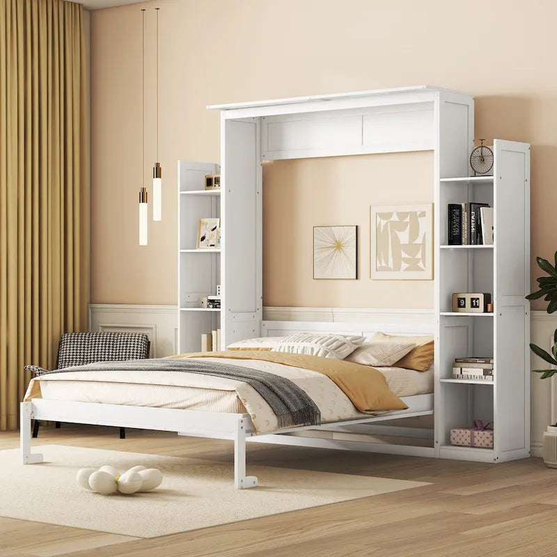 Queen/Full Size Fold-Away Murphy Wall Bed with Side Shelves