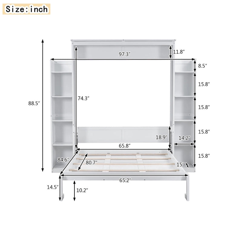 Queen/Full Size Fold-Away Murphy Wall Bed with Side Shelves