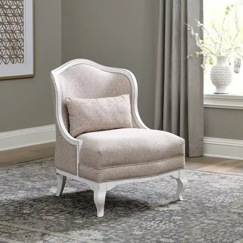 French Country Upholstered Accent Chair in Antique White with Bolster Pillow