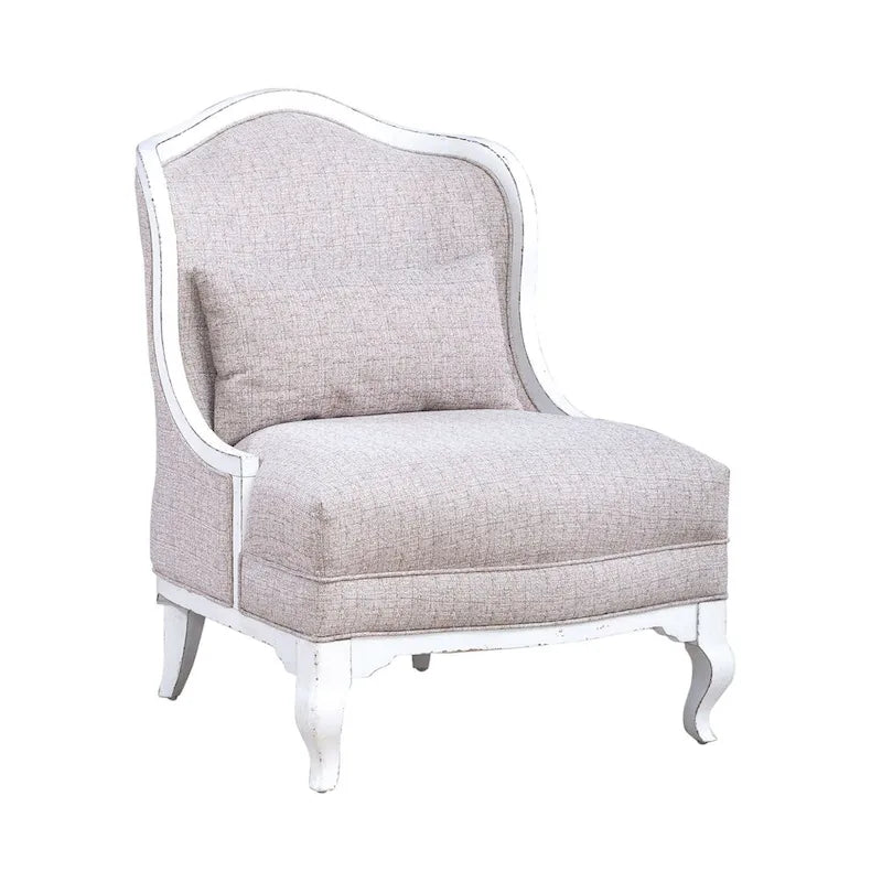 French Country Upholstered Accent Chair in Antique White with Bolster Pillow