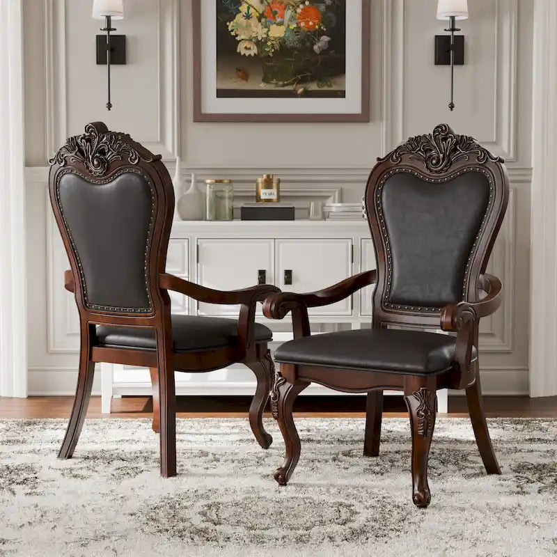 Traditional Solid Wood Dining Arm Chairs with Nailhead Trim, Set of 2