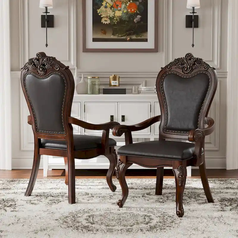 Traditional Solid Wood Dining Arm Chairs with Nailhead Trim, Set of 2