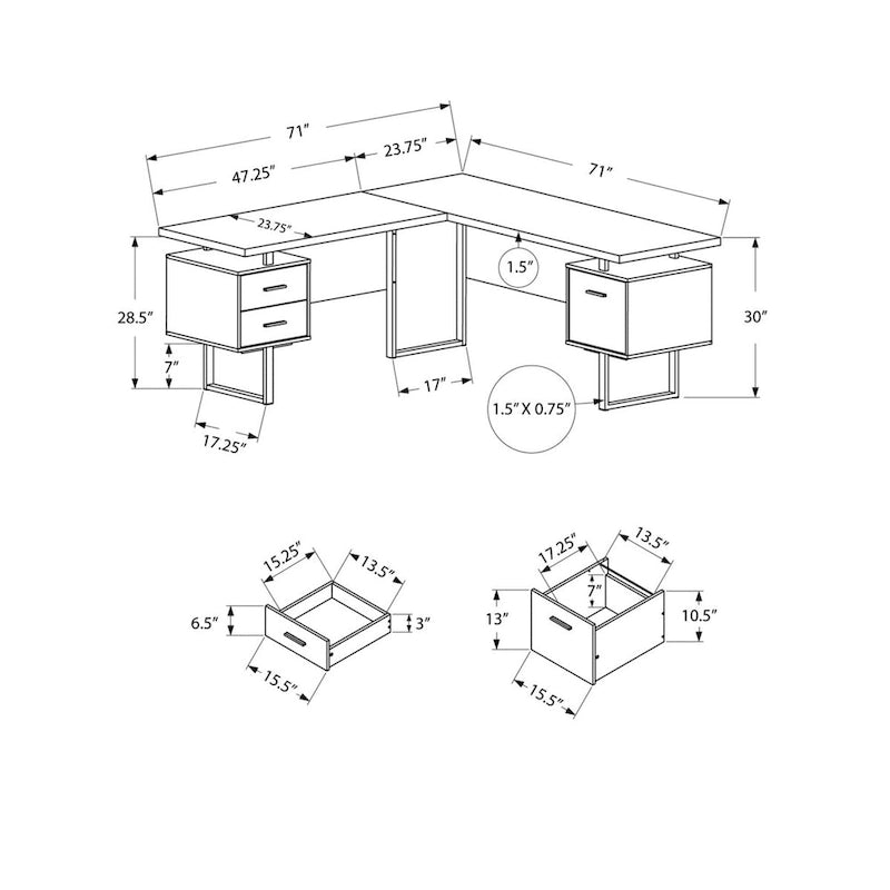 71-Inch Grey L-Shape Computer Desk with Three Storage Drawers