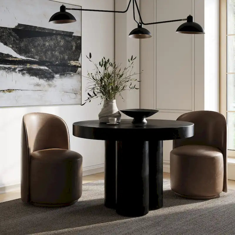 Modern Black Concrete Round Dining Table with Cylindrical Pedestal Legs