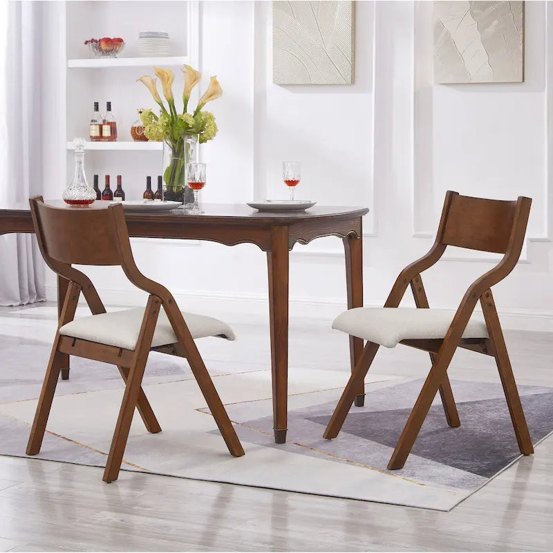 Upholstered Foldable Dining Chairs with Walnut Finish, Set of 2