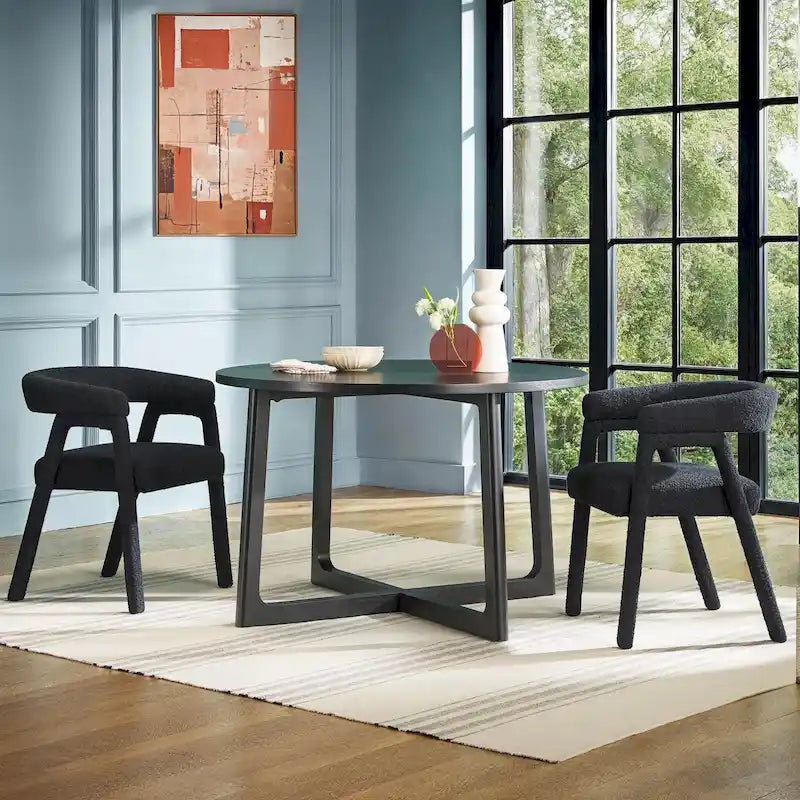 Modern Boucle Curved Dining Chair with Solid Wood Legs, Set of 2