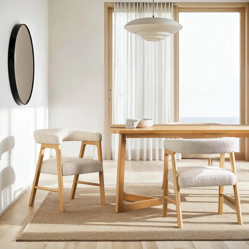 Modern Boucle Curved Dining Chair with Solid Wood Legs, Set of 2