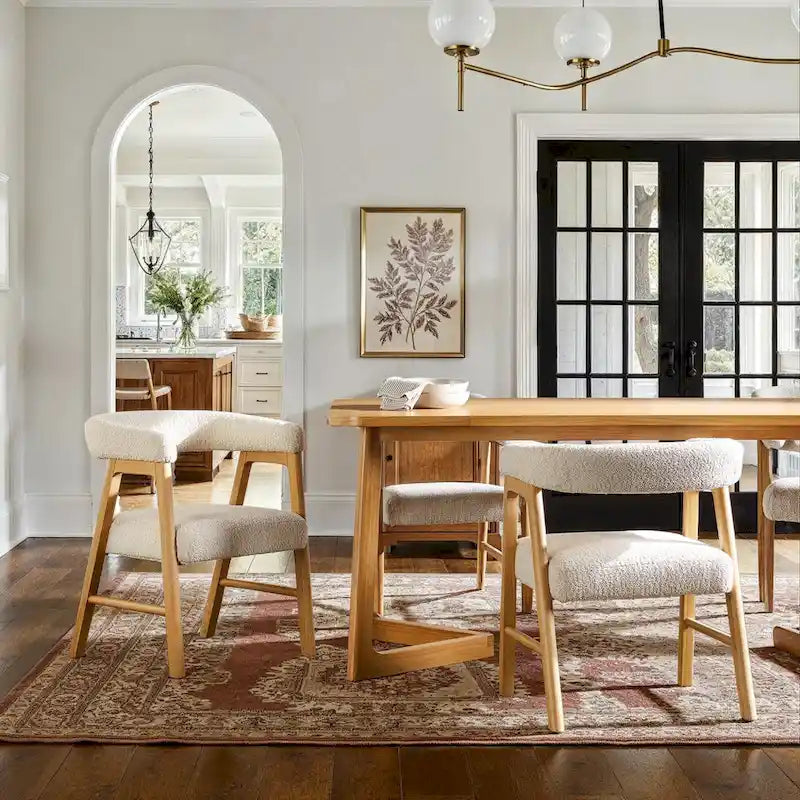 Modern Boucle Curved Dining Chair with Solid Wood Legs, Set of 2