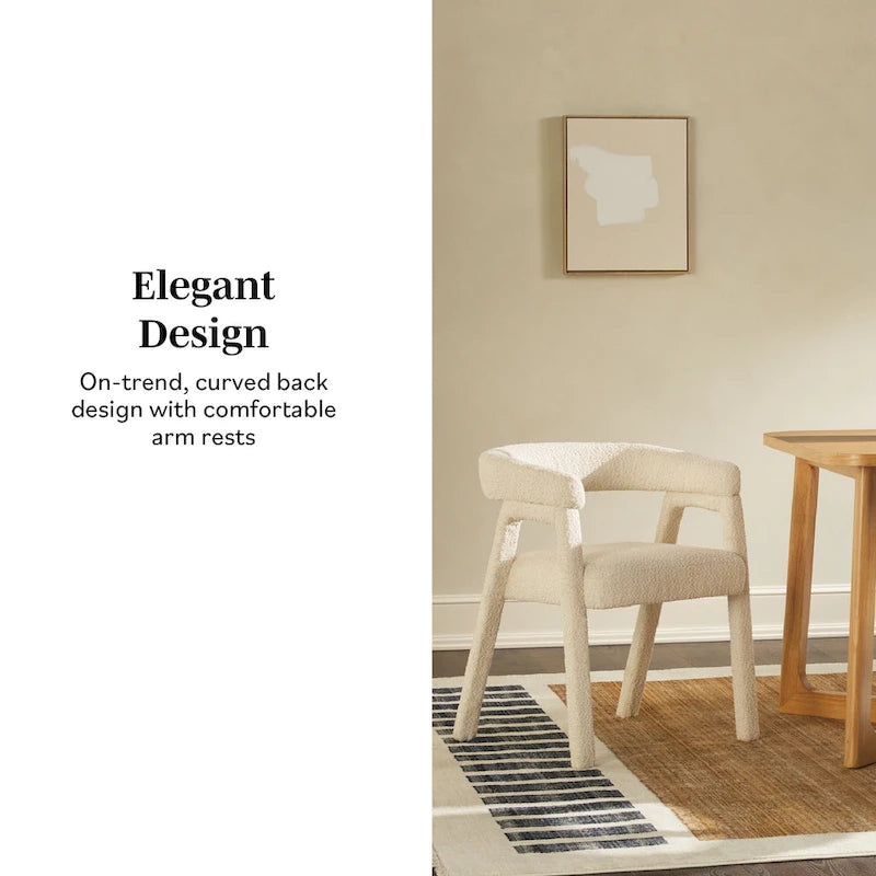 Modern Boucle Curved Dining Chair with Solid Wood Legs, Set of 2