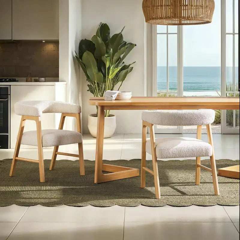 Modern Boucle Curved Dining Chair with Solid Wood Legs, Set of 2
