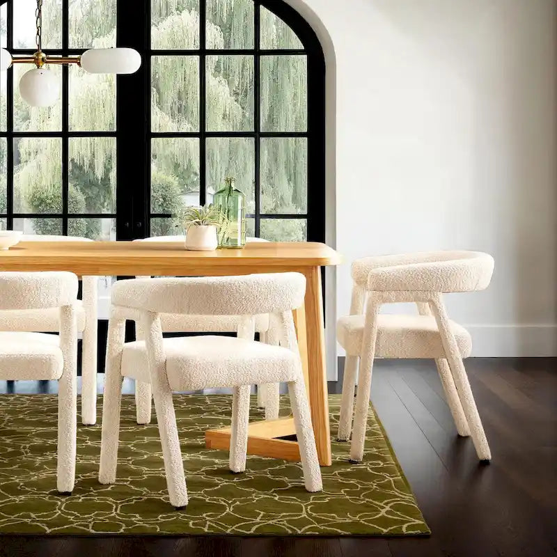 Modern Boucle Curved Dining Chair with Solid Wood Legs, Set of 2