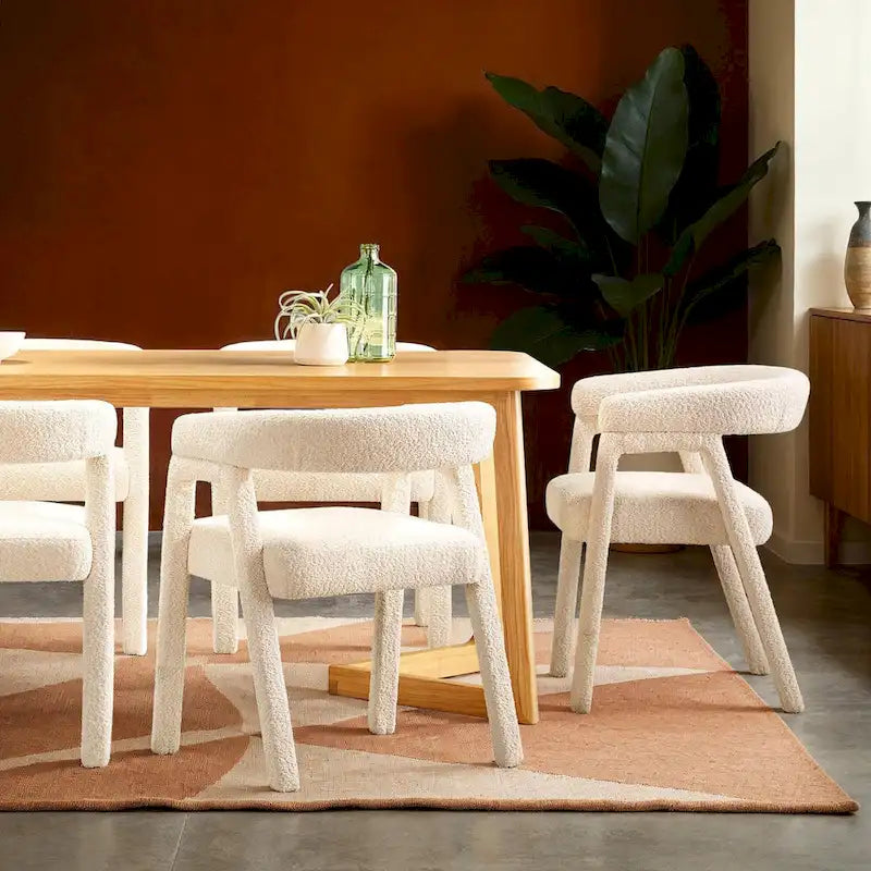 Modern Boucle Curved Dining Chair with Solid Wood Legs, Set of 2
