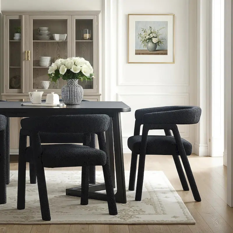 Modern Boucle Curved Dining Chair with Solid Wood Legs, Set of 2