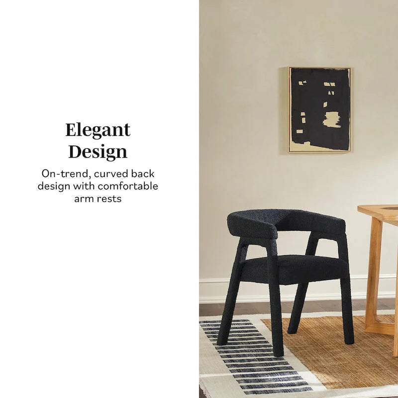 Modern Boucle Curved Dining Chair with Solid Wood Legs, Set of 2