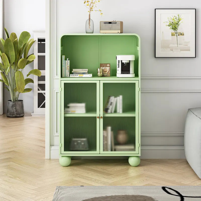 Freestanding Floor Cabinet with Tempered Glass Door and Open Shelf
