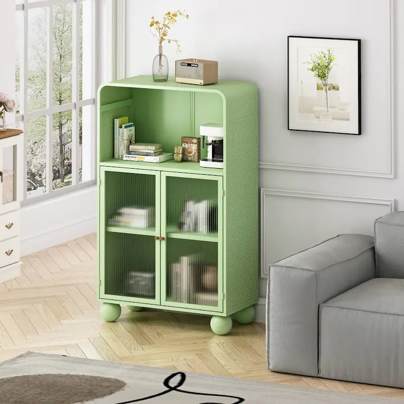Freestanding Floor Cabinet with Tempered Glass Door and Open Shelf