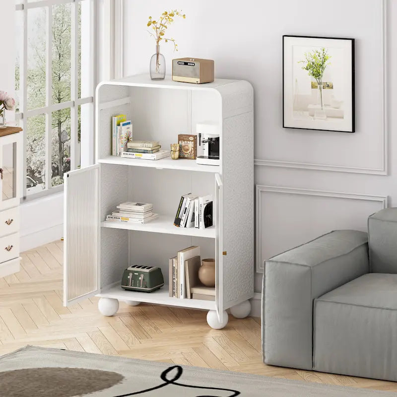 Freestanding Floor Cabinet with Tempered Glass Door and Open Shelf