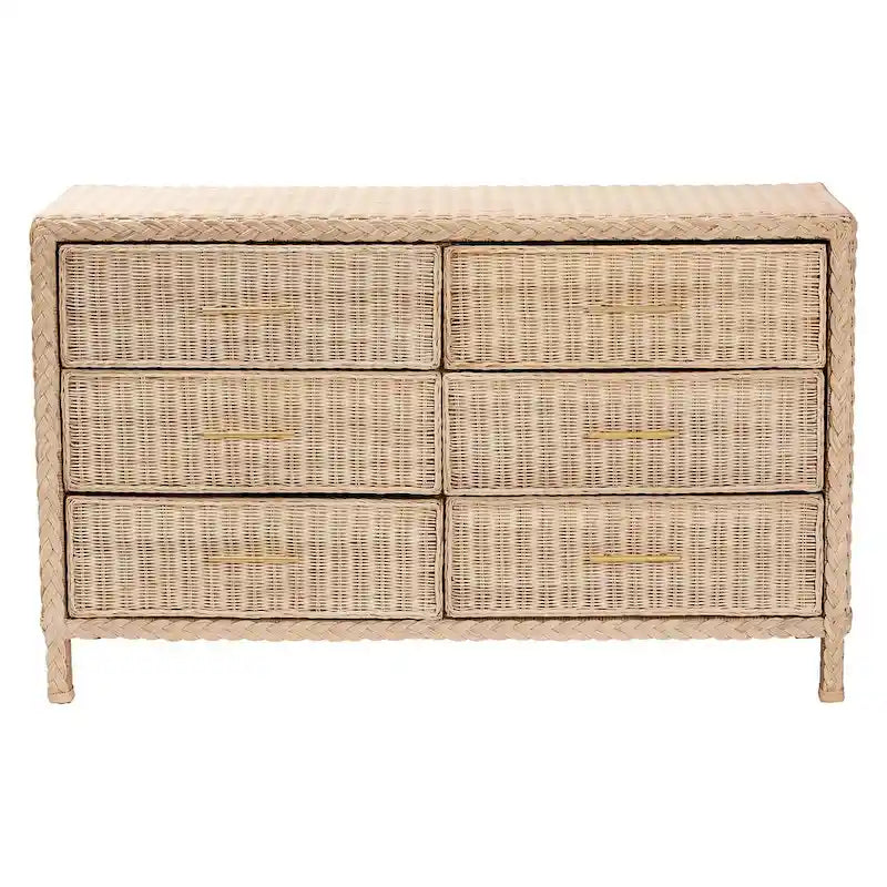 Sun-Bleached Braided Rattan 6-Drawer Dresser