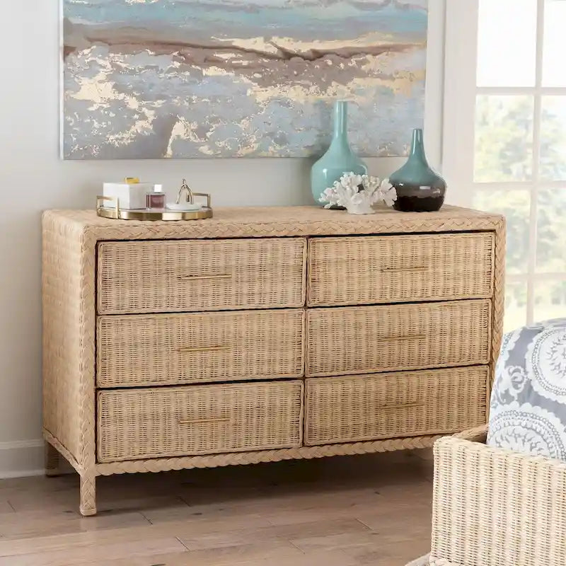 Sun-Bleached Braided Rattan 6-Drawer Dresser