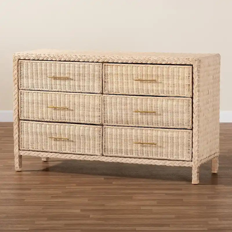 Sun-Bleached Braided Rattan 6-Drawer Dresser