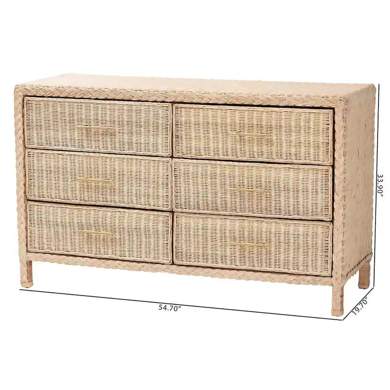 Sun-Bleached Braided Rattan 6-Drawer Dresser